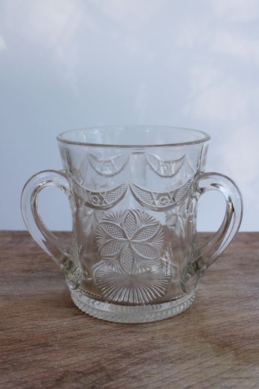 photo of EAPG antique pressed glass loving cup three handle tyg, ornate rosette & drapery pattern #1