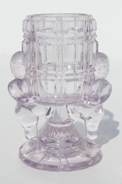photo of EAPG antique pressed glass match vase or toothpick holder, McKee peek-a-boo cherubs #1