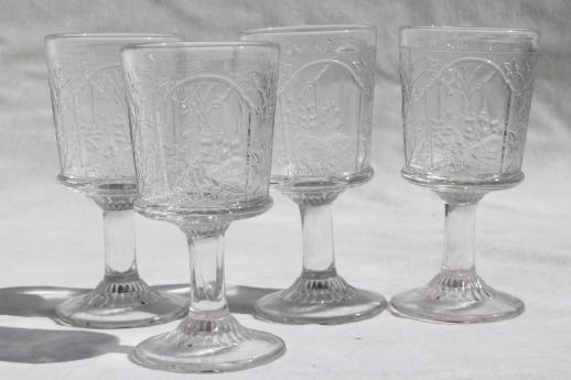 photo of EAPG antique pressed glass wine glasses, Canadian pattern Home Sweet Home scenes #1