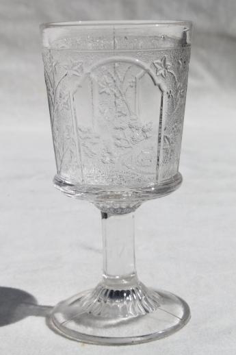 photo of EAPG antique pressed glass wine glasses, Canadian pattern Home Sweet Home scenes #2