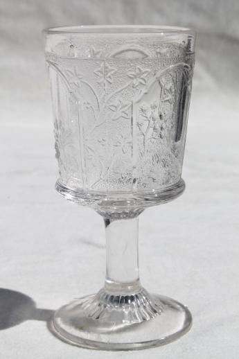 photo of EAPG antique pressed glass wine glasses, Canadian pattern Home Sweet Home scenes #3