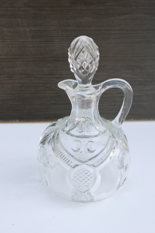 photo of EAPG antique pressed pattern glass cruet w/ stopper, Bryce fleur de lis vintage 1890s 1900 #1