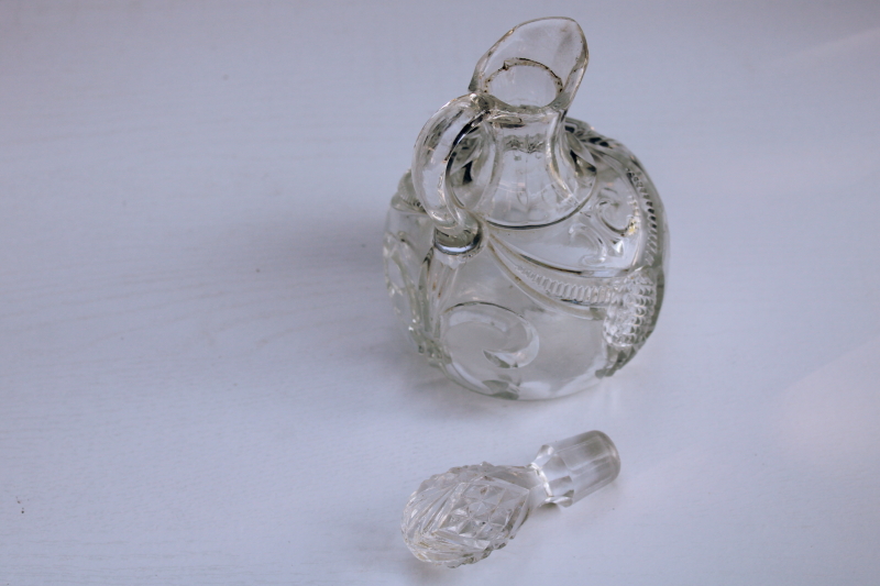 photo of EAPG antique pressed pattern glass cruet w/ stopper, Bryce fleur de lis vintage 1890s 1900 #2