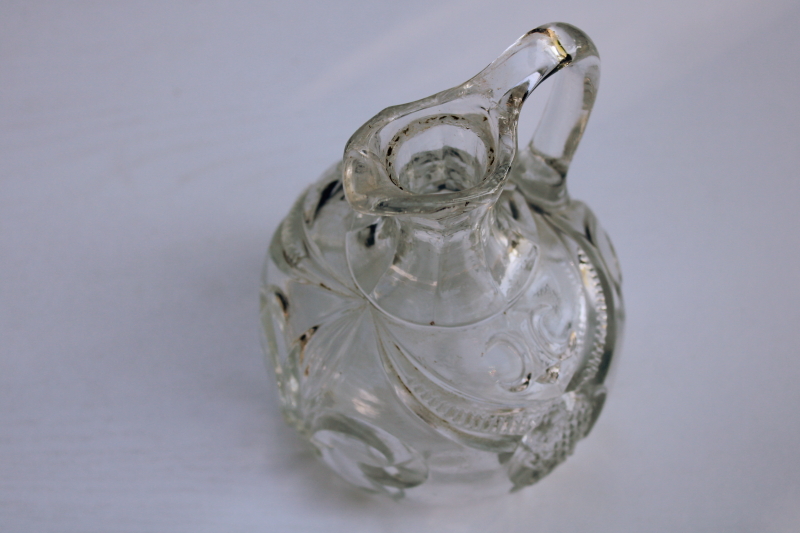 photo of EAPG antique pressed pattern glass cruet w/ stopper, Bryce fleur de lis vintage 1890s 1900 #5