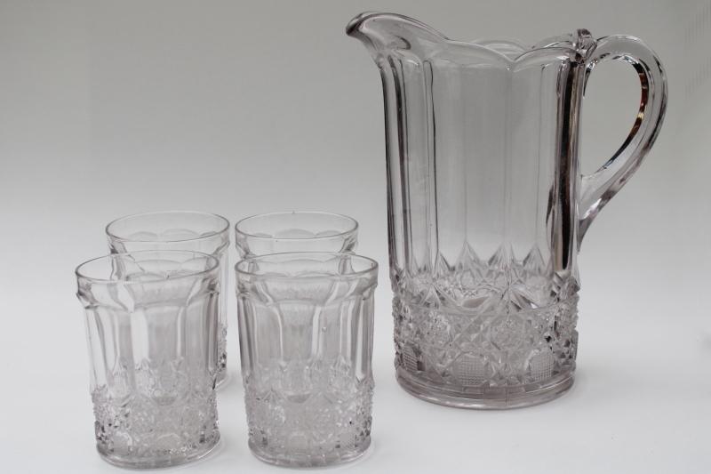 photo of EAPG antique pressed pattern glass lemonade set, pitcher & drinking glasses #2