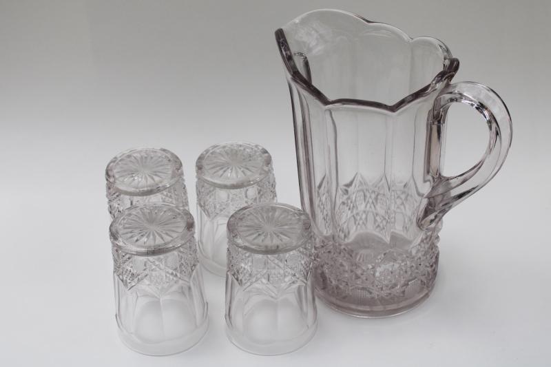 photo of EAPG antique pressed pattern glass lemonade set, pitcher & drinking glasses #4