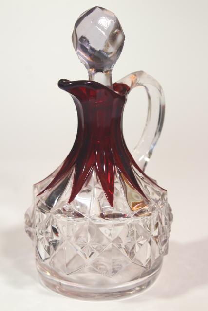 photo of EAPG antique ruby stain glass cruet bottle, diamond pattern pressed glass w/ flashed color #1