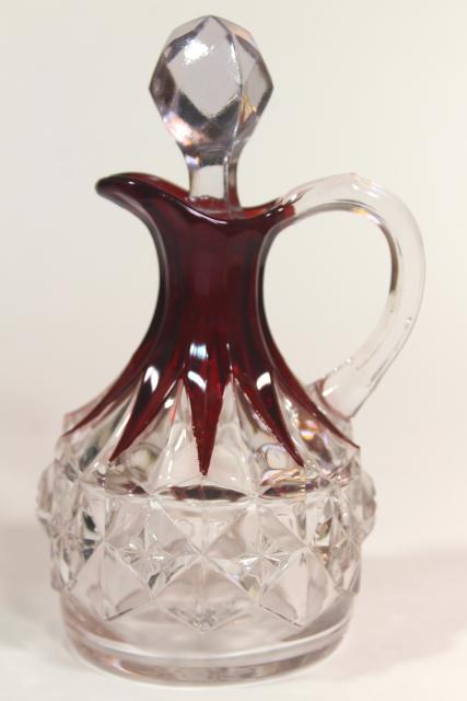 photo of EAPG antique ruby stain glass cruet bottle, diamond pattern pressed glass w/ flashed color #2