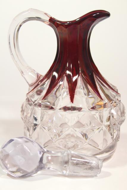 photo of EAPG antique ruby stain glass cruet bottle, diamond pattern pressed glass w/ flashed color #4