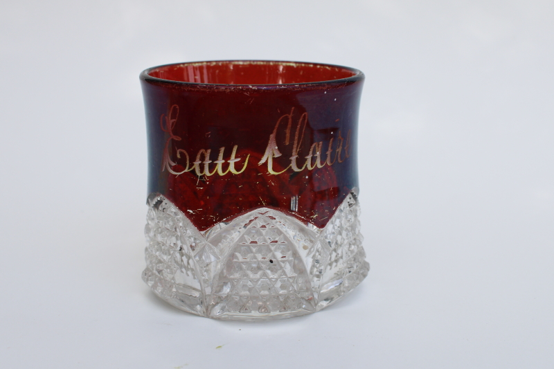 photo of EAPG antique ruby stain pressed glass toothpick match holder Eau Claire souvenir #1