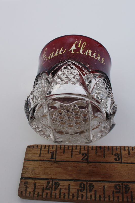 photo of EAPG antique ruby stain pressed glass toothpick match holder Eau Claire souvenir #2