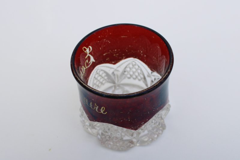 photo of EAPG antique ruby stain pressed glass toothpick match holder Eau Claire souvenir #3