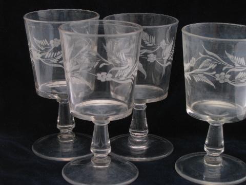 photo of EAPG antique stemware, 4 old etched glass water glasses, large goblets #1