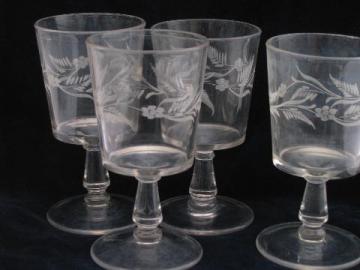 catalog photo of EAPG antique stemware, 4 old etched glass water glasses, large goblets