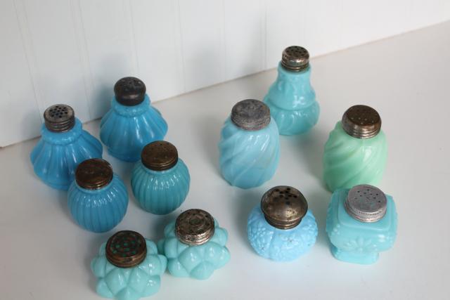 photo of EAPG antique vintage pattern glass shakers, blue green milk glass delphite azurite #2