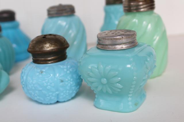 photo of EAPG antique vintage pattern glass shakers, blue green milk glass delphite azurite #3