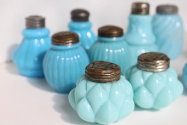 photo of EAPG antique vintage pattern glass shakers, blue green milk glass delphite azurite #6