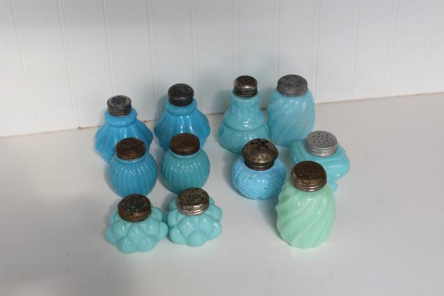 photo of EAPG antique vintage pattern glass shakers, blue green milk glass delphite azurite #7