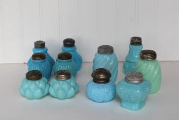 catalog photo of EAPG antique vintage pattern glass shakers, blue green milk glass delphite azurite