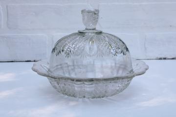 photo of EAPG antique vintage pressed glass butter dish, round butter dish plate w/ dome cover