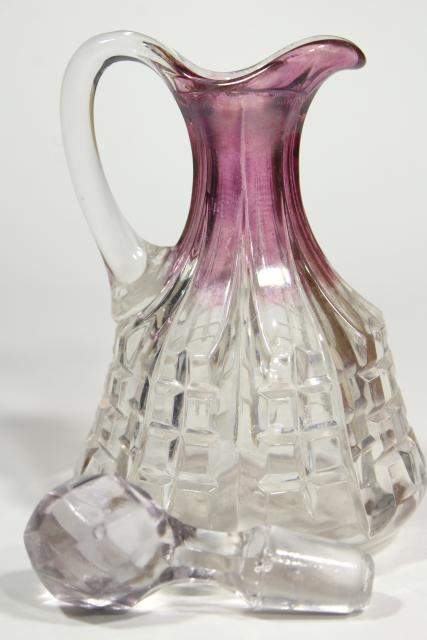 photo of EAPG cranberry flash stain colored glass cruet, cut block or waffle pattern pressed glass #4