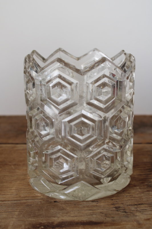 photo of EAPG hexagon bullseye jar or vase, hexies pattern pressed glass 1890s antique  #1