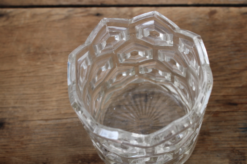 photo of EAPG hexagon bullseye jar or vase, hexies pattern pressed glass 1890s antique #3