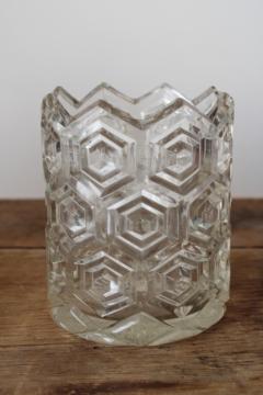 catalog photo of EAPG hexagon bullseye jar or vase, hexies pattern pressed glass 1890s antique 
