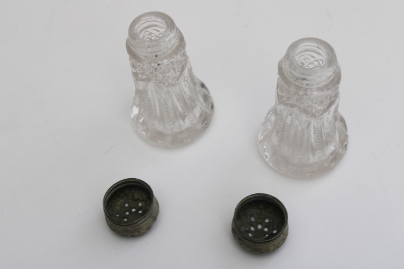 photo of EAPG pressed glass salt & pepper shakers cut rib & hobstar pattern, worn ornate lids #2