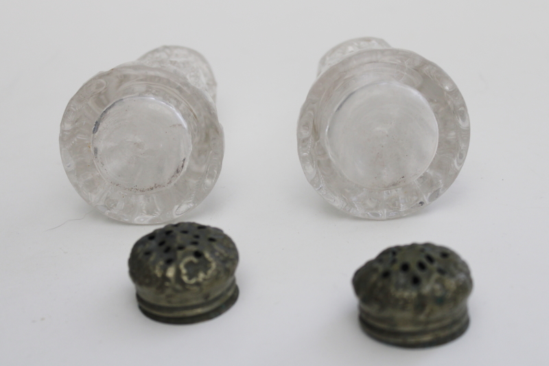 photo of EAPG pressed glass salt & pepper shakers cut rib & hobstar pattern, worn ornate lids #3