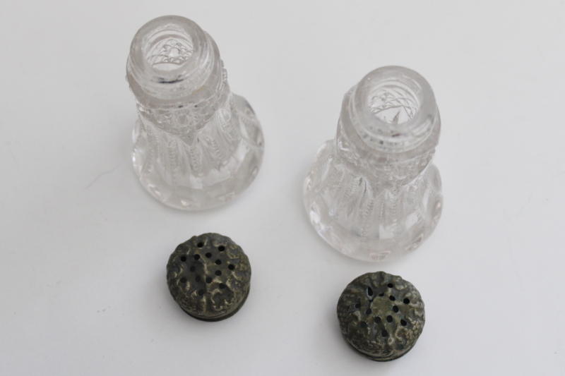 photo of EAPG pressed glass salt & pepper shakers cut rib & hobstar pattern, worn ornate lids #4