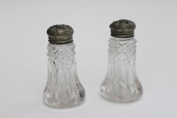 catalog photo of EAPG pressed glass salt & pepper shakers cut rib & hobstar pattern, worn ornate lids