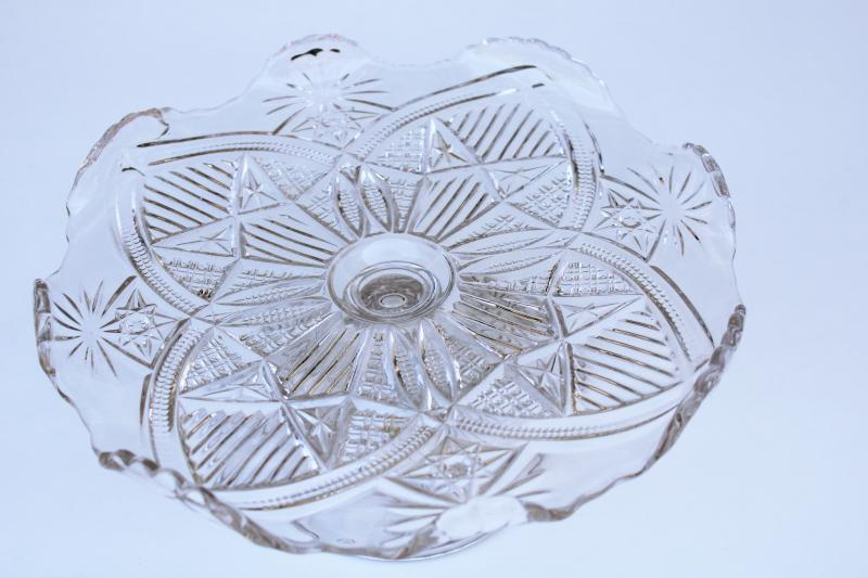 photo of EAPG turn of the century vintage pressed glass cake stand, stars & bars pattern #3