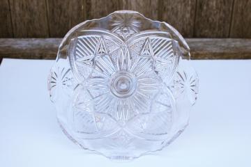 catalog photo of EAPG turn of the century vintage pressed glass cake stand, stars & bars pattern