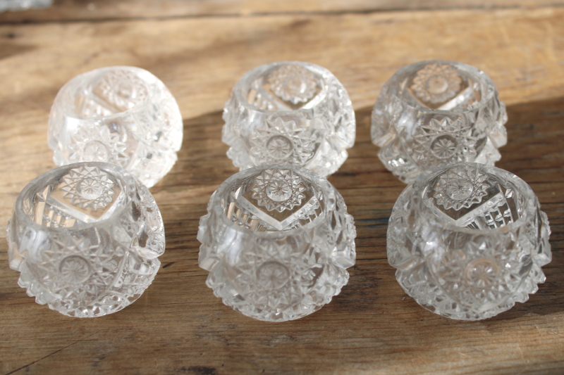 photo of EAPG vintage glass salt cellars, set of 6 fancy pressed glass salt dip dishes hobstar pattern  #1