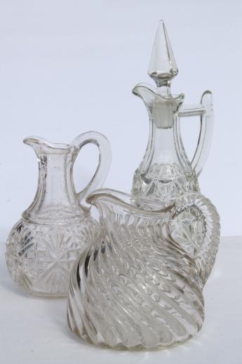 photo of EAPG vintage pattern glass cruet bottles, heavy old glass pitchers, antique Fostoria jug #1