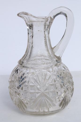 photo of EAPG vintage pattern glass cruet bottles, heavy old glass pitchers, antique Fostoria jug #3