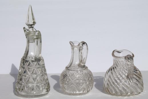 photo of EAPG vintage pattern glass cruet bottles, heavy old glass pitchers, antique Fostoria jug #6