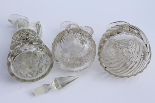 photo of EAPG vintage pattern glass cruet bottles, heavy old glass pitchers, antique Fostoria jug #7