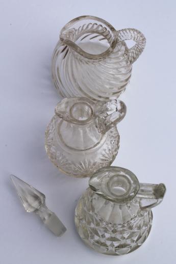 photo of EAPG vintage pattern glass cruet bottles, heavy old glass pitchers, antique Fostoria jug #8