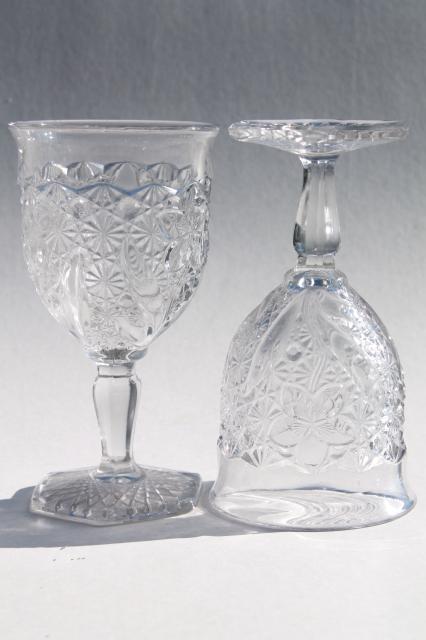 photo of EAPG vintage pressed glass water goblets, daisy & button with narcissus pattern #5