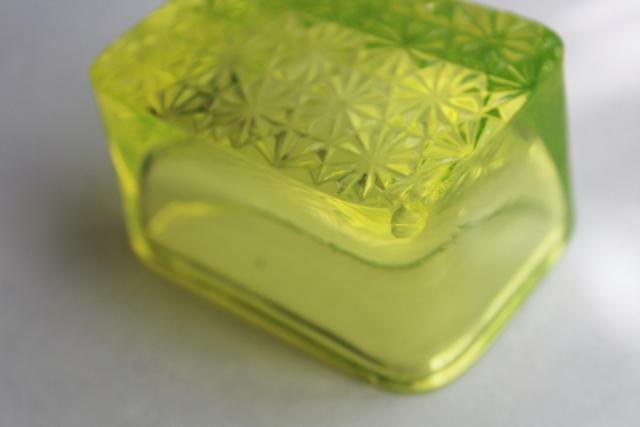 photo of EAPG vintage vaseline glass canary yellow green salt cellar, large heavy master salt #3