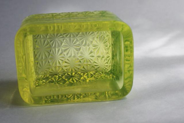 photo of EAPG vintage vaseline glass canary yellow green salt cellar, large heavy master salt #5