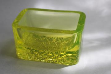 catalog photo of EAPG vintage vaseline glass canary yellow green salt cellar, large heavy master salt