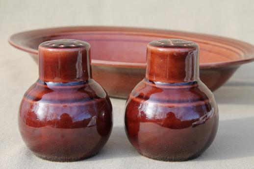 photo of Early Califoria Vernonware pottery, vintage brown vegetable bowl, S&P shakers #1