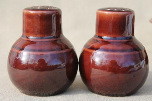 photo of Early Califoria Vernonware pottery, vintage brown vegetable bowl, S&P shakers #4