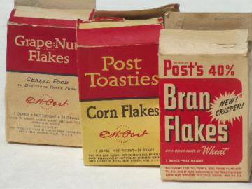 catalog photo of Early vintage Post's cereal boxes, mini box Post Toasties, Grape-Nut Flakes