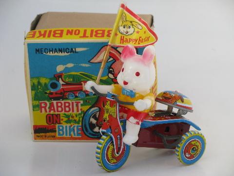 photo of Easter Bunny on litho print bike, vintage Japan wind-up tin toy in box #1