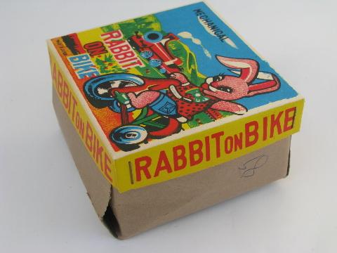 photo of Easter Bunny on litho print bike, vintage Japan wind-up tin toy in box #2