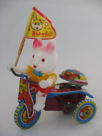 photo of Easter Bunny on litho print bike, vintage Japan wind-up tin toy in box #3